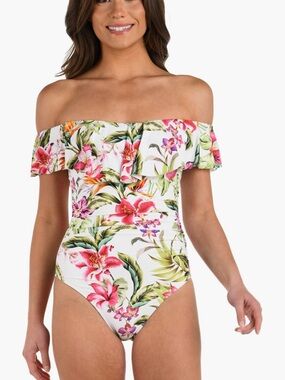 La Blanca White Floral Off-Shoulder One-Piece Swimsuit